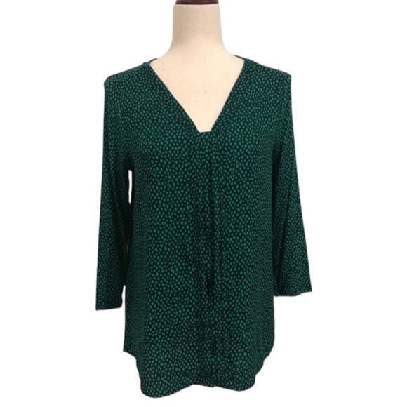 Dana Buchman Small Pleated Popover Blouse Black Green Polka Dots 3/4 Sleeves New - Picture 11 of 11